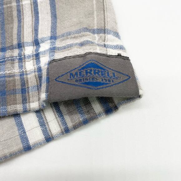 Merrell Boys XL Short Sleeve Plaid Button‎ Down Shirt Tan Blue White Linen Blend - Picture 7 of 8